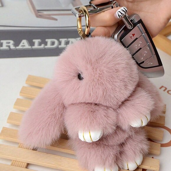 Pink Cute Faux Rabbit Fur Bunny bag charm Keychain, Bag & Car Accessory - Picture 3 of 3